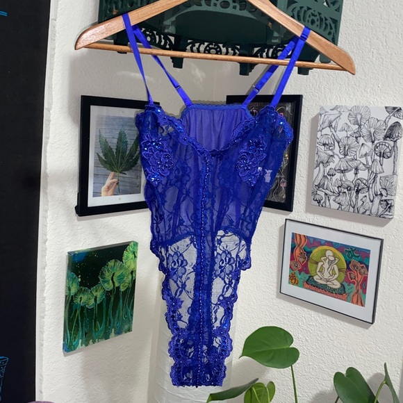VTG 90s Faris Lingerie Blue Lace Sequined Teddy - Picture 1 of 7